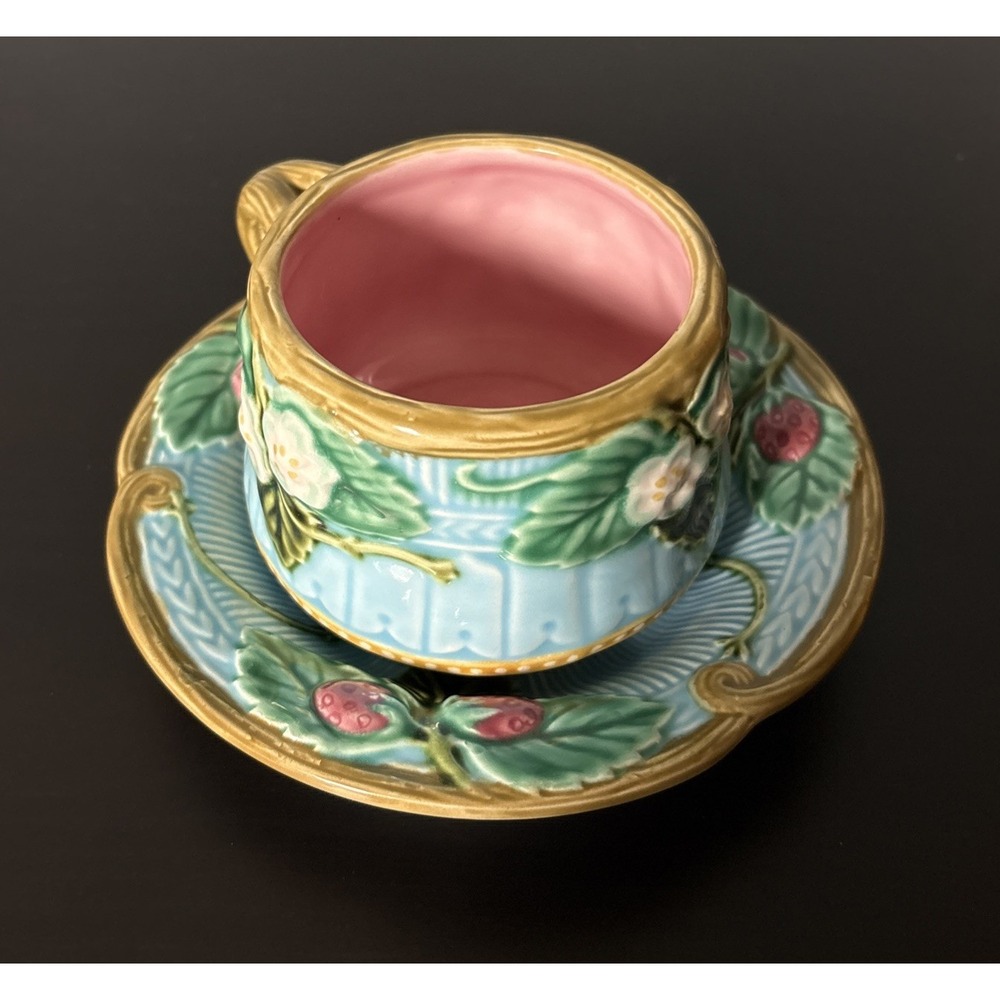 Fitz and Floyd Majolica Teacup & Saucer Petite Fraise des Bois 1994